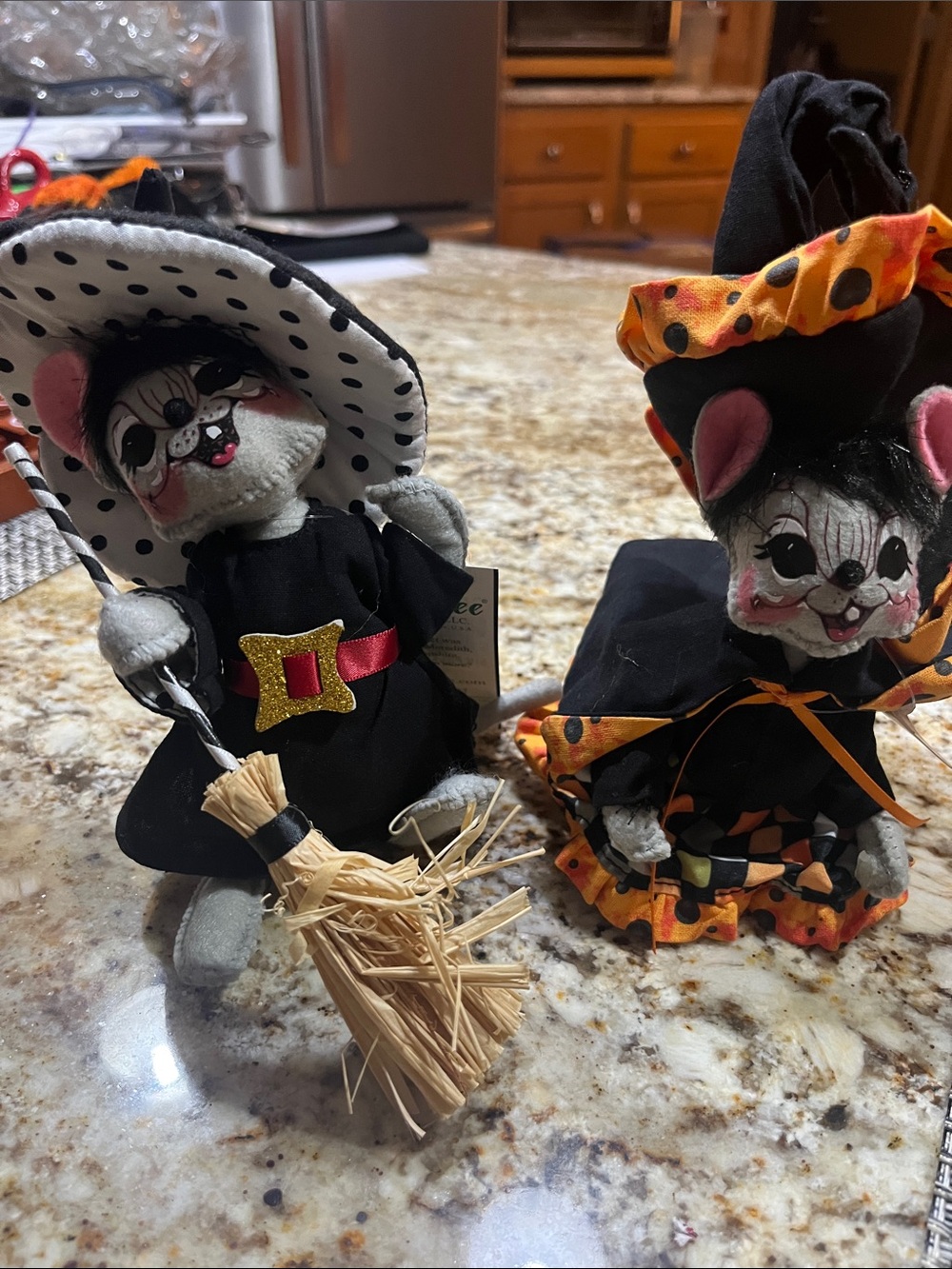 Annalee Black & White Polka Dot Witch Mouse Figurines with Orange Accents